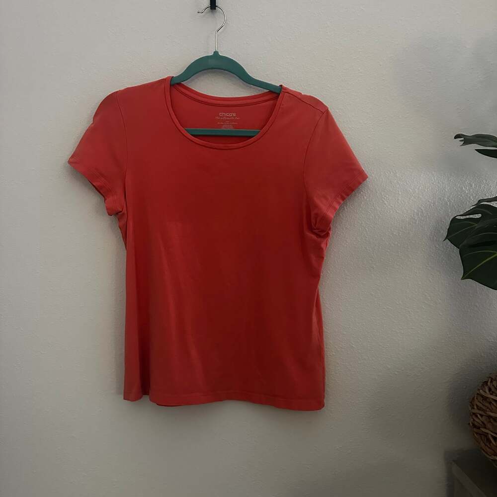 Chicos The Ultimate Tee Coral Orange Pima Cotton Short Sleeve Crew Neck Size 1‎